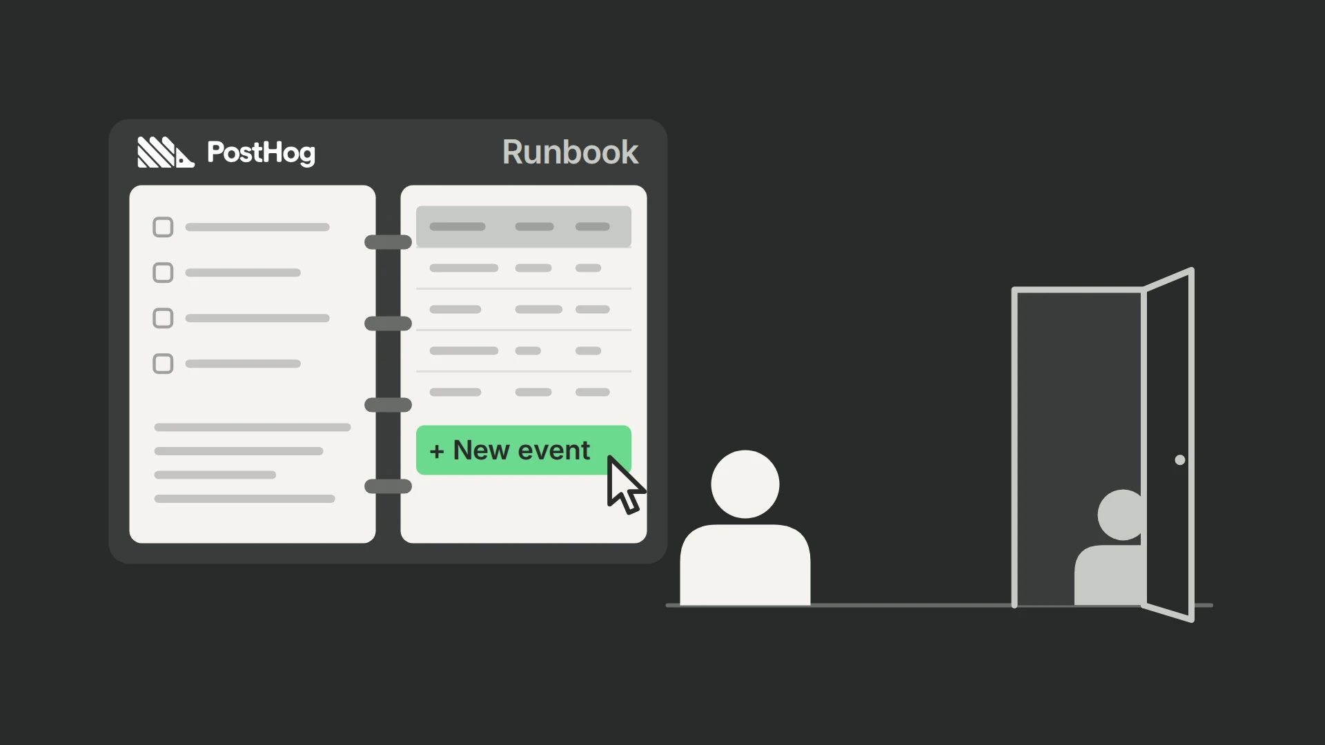 An open binder headed by the PostHog logo and the word Runbook holds a checklist and a tracking-plan table; a teammate beside it adds a green row labelled + New event with a cursor. To the right, a smaller grey figure steps out through an open door.