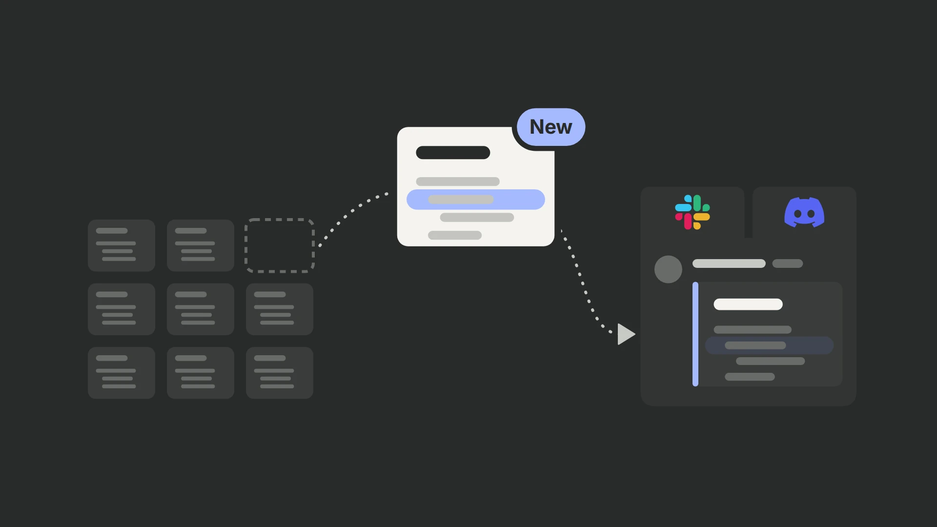 A grid of grey error cards with stack-trace lines; one white card with a blue New badge has left its slot and arcs into a chat message, which sits under two equal tabs carrying the Slack and Discord logos.