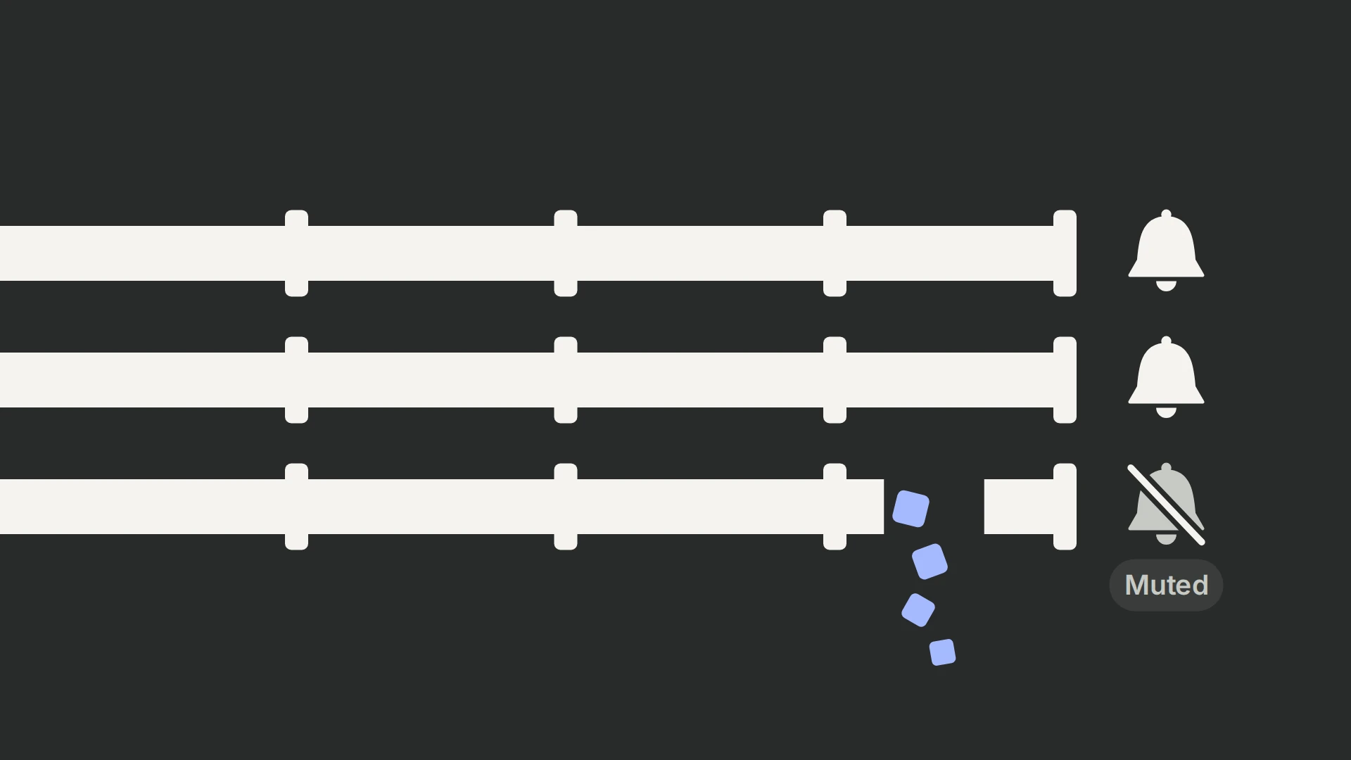 Three parallel pipes run across the image, each ending in a small bell. The top two pipes are intact with live bells; the bottom pipe has a clean break with blue data blocks falling out of the gap, and its bell is slashed and tagged Muted.
