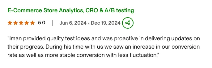 Five-star client review for ecommerce analytics, CRO, and A/B testing