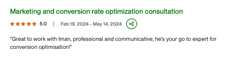 Five-star client review for marketing and conversion rate optimization consulting