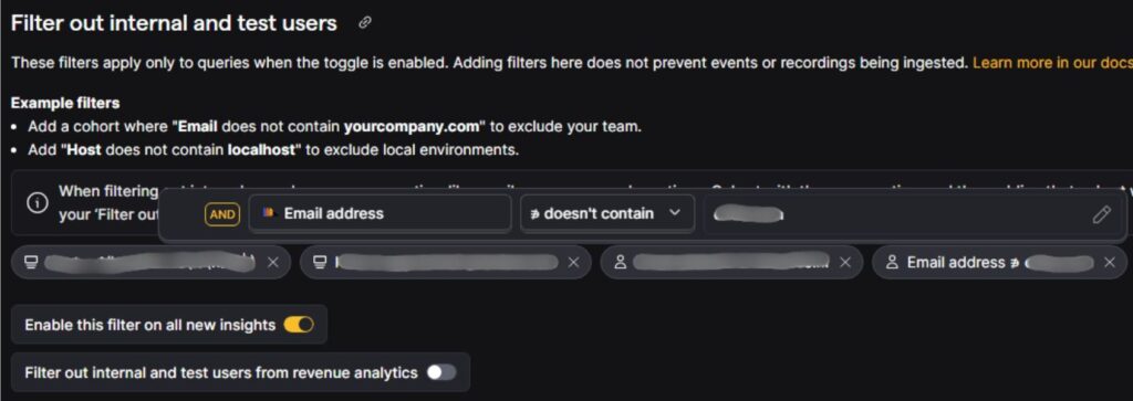 PostHog internal user filtering