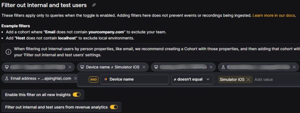PostHog internal user filtering