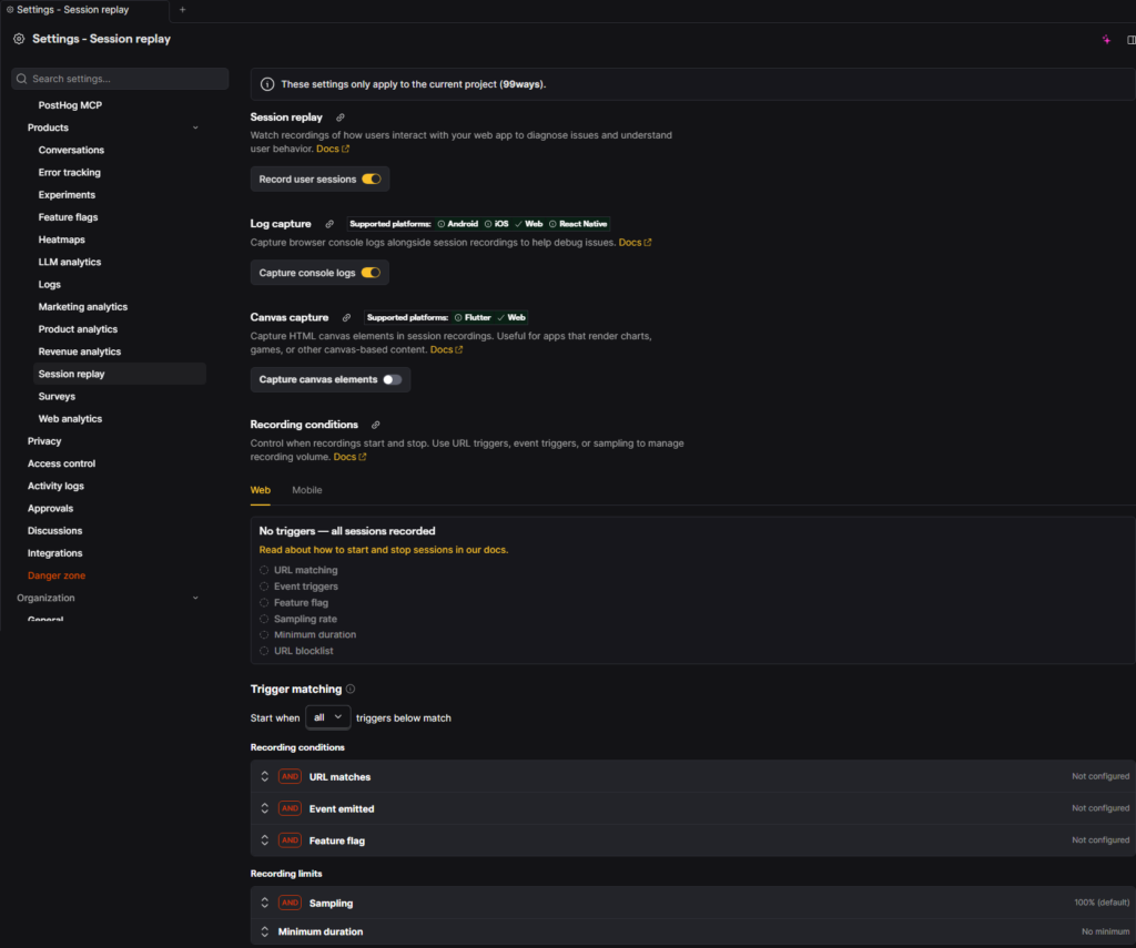 Session replay setting