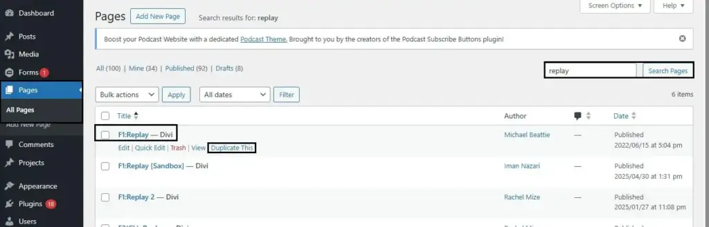 WordPress Pages search results with a highlighted F1:Replay page and Duplicate This link