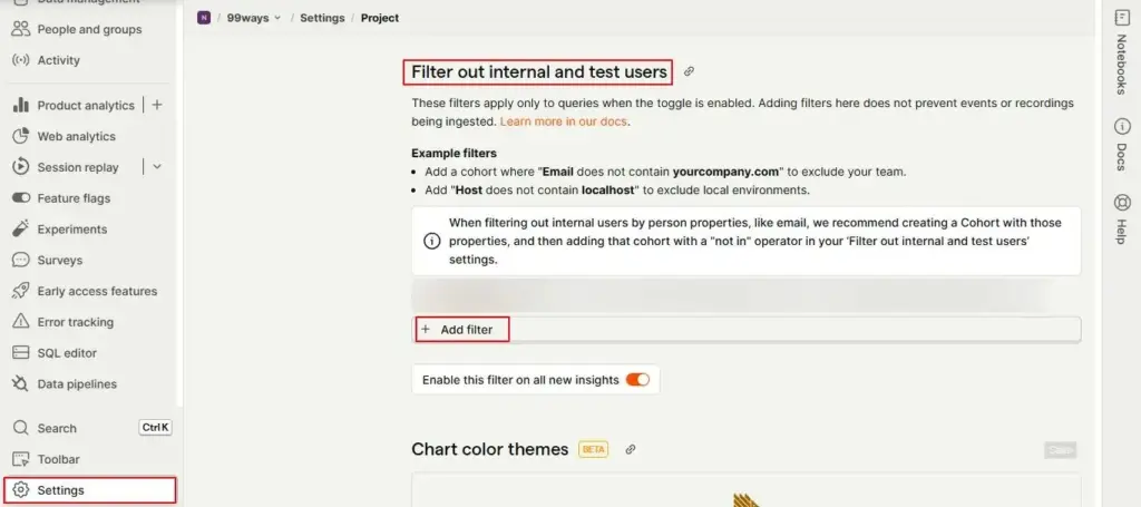 PostHog internal user filtering; PostHog setting
