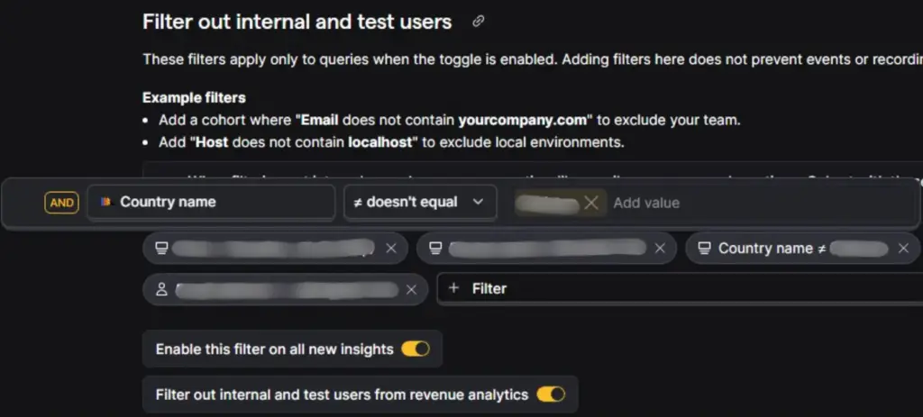PostHog internal user filtering; by country name