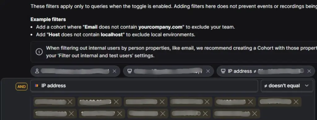 PostHog internal user filtering; by IP address