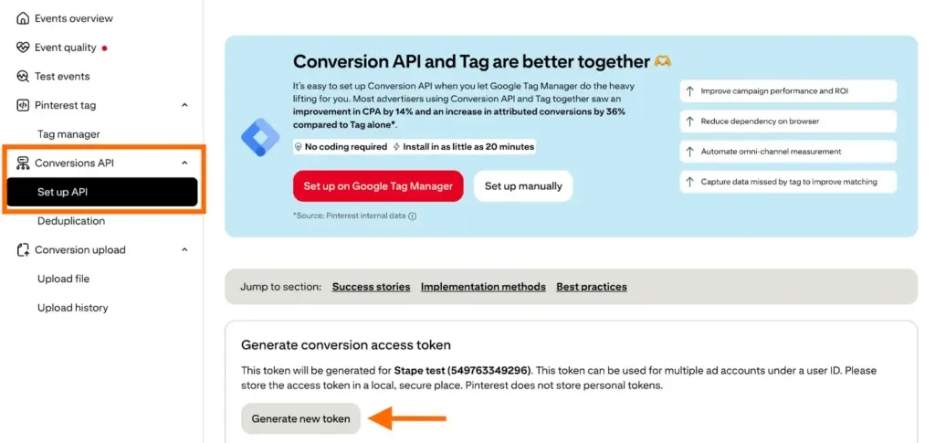 Pinterest Ads Manager Conversions API setup page with the Generate new token button