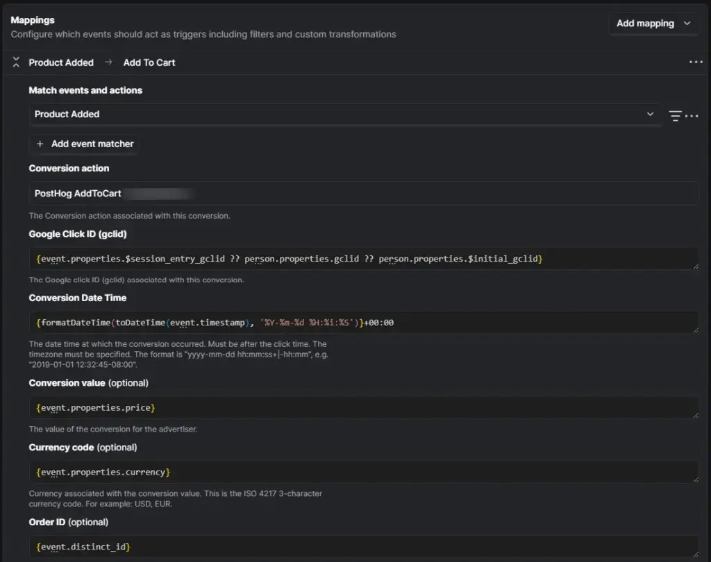 PostHog & Google Ads Integration; Mapping