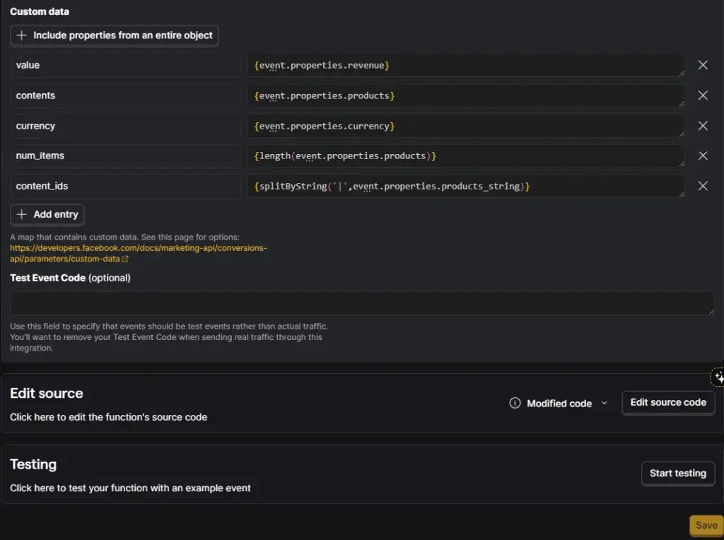 PostHog Meta Ads Conversions custom data fields for value, contents, currency, item count, and content IDs