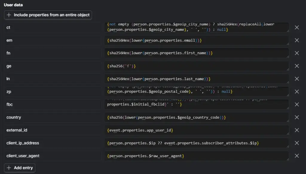 PostHog Meta Ads Conversions user data fields with hashed customer attributes