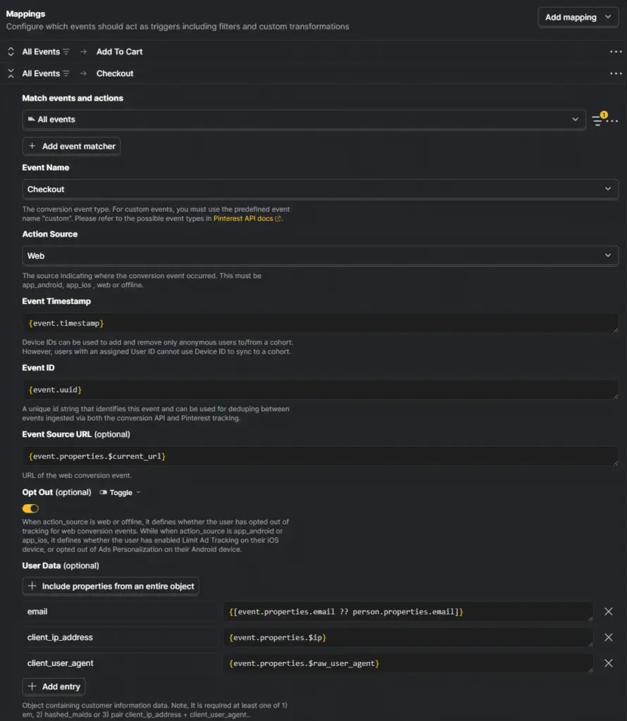 PostHog Pinterest Conversions API checkout mapping with event and user data fields