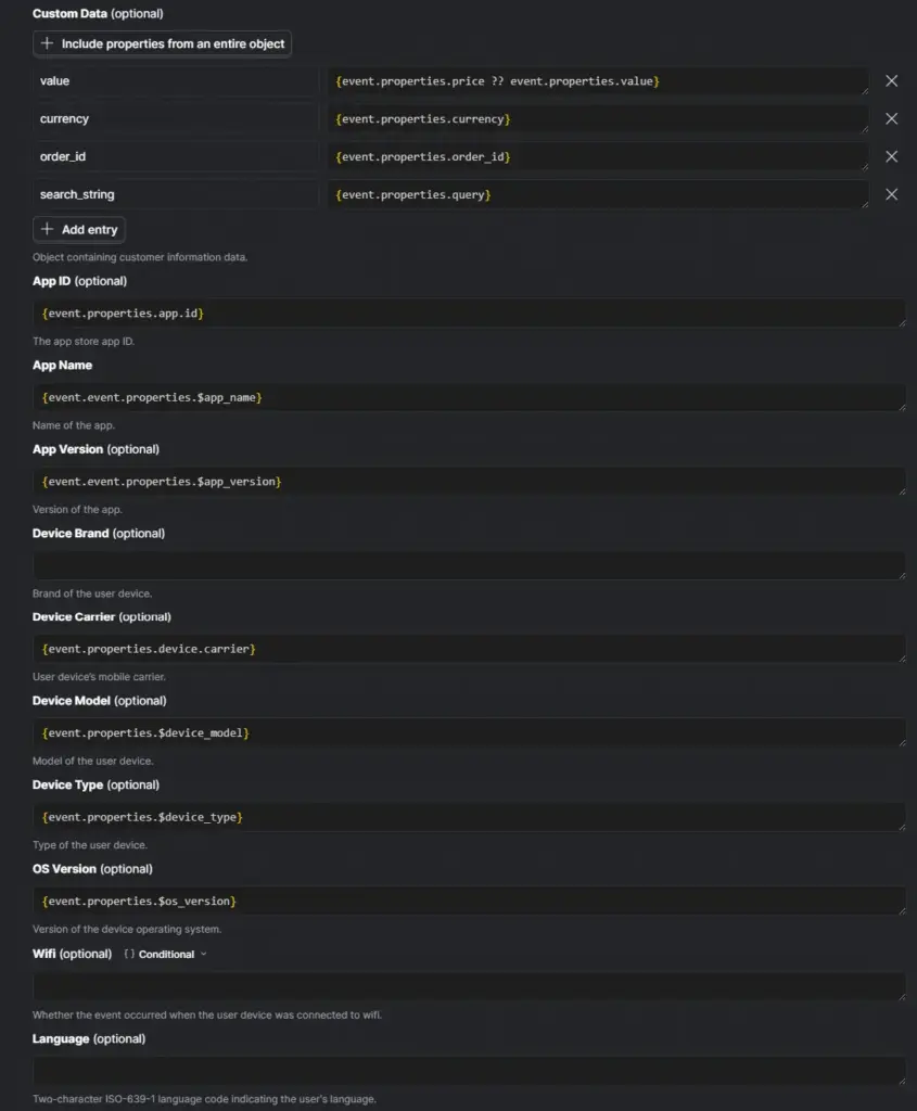 PostHog Pinterest Conversions API mapping fields for custom data and device details