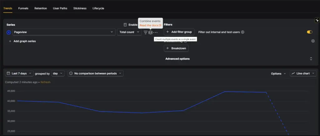 PostHog Trends series editor with the Combine events control highlighted