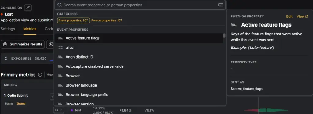 PostHog experiment metric breakdown menu listing event and person properties with Active feature flags selected