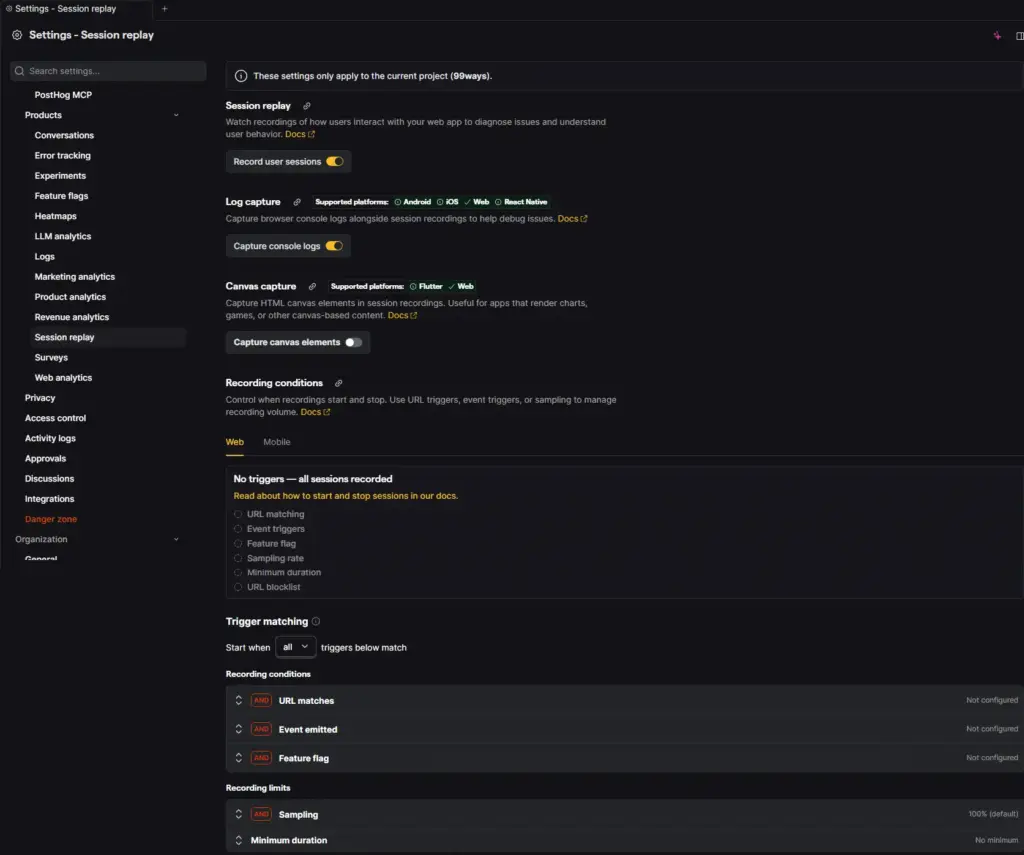 Session replay setting