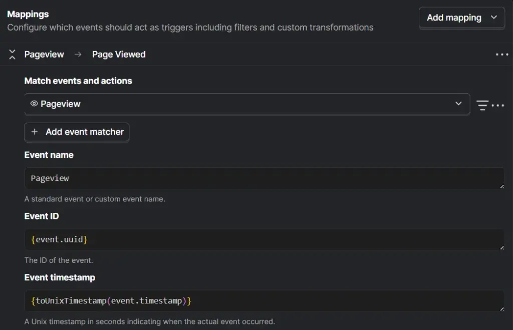 TikTok Ads Conversions mapping in PostHog showing Pageview mapped to Page Viewed
