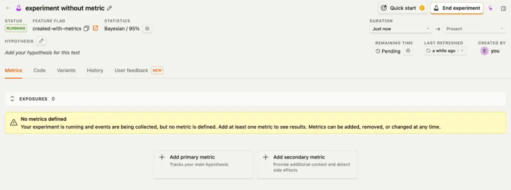 Running PostHog experiment showing no metrics defined and controls to add primary or secondary metrics
