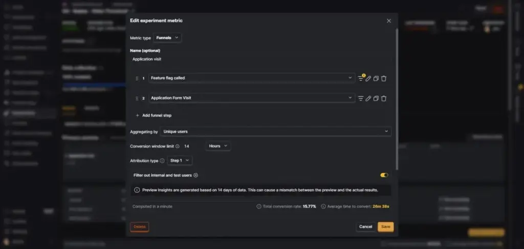 PostHog A/B test on WordPress; Experiment metrics