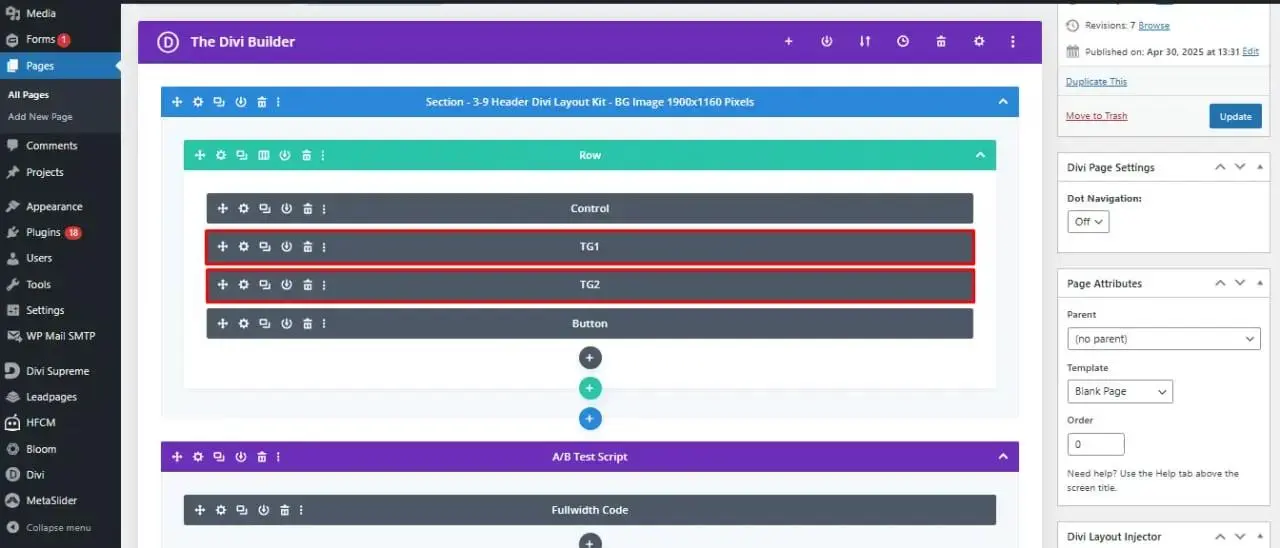 Divi Builder layout showing Control, TG1, and TG2 variant modules