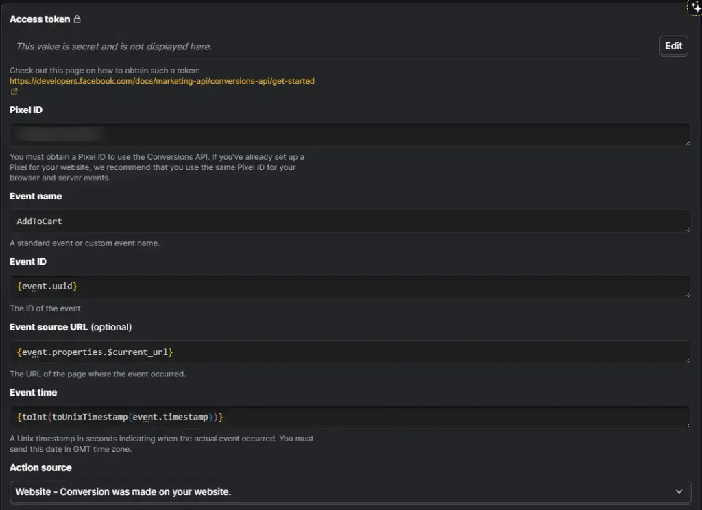 PostHog Meta Ads Conversions event data fields, including Pixel ID, event name, event ID, source URL, and event time