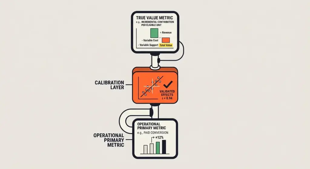 Diagram showing a true value metric passing through a calibration layer to an operational primary metric.